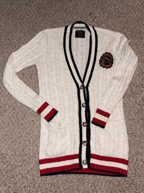Abercrombie & Fitch Cream Cable-Knit Cardigan with Black & Red Trim